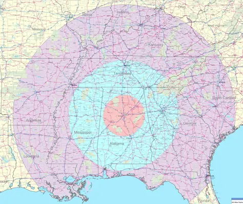 A custom sales zone map of the Southeast with 75-, 200- and 400-mile radius rings centered on Alabama.