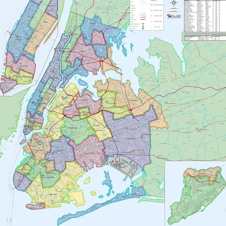 A custom wall map of New York City's five boroughs, its neighborhoods shaded in color with a table of plotted office locations.