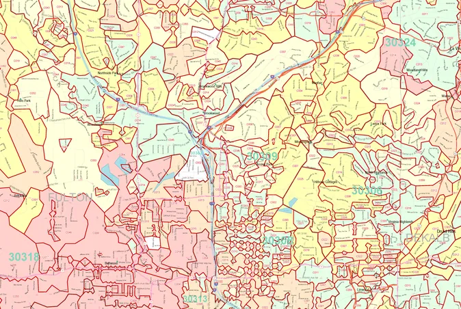 A carrier route map, hundreds of small postal delivery routes filled in pastel yellow, pink and blue across one ZIP code, each outlined in red.