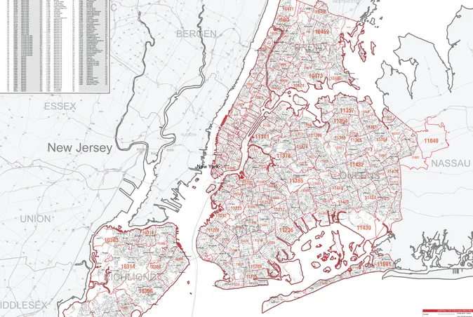 A New York City metro ZIP code map, red ZIP boundaries and five-digit labels across the five boroughs against grey New Jersey and Nassau County linework, with an index table in the corner.