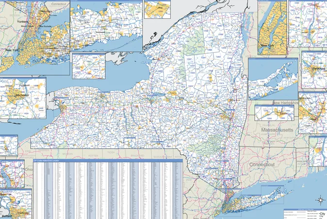 A New York state ZIP code map, ZIP boundaries drawn across the whole state between Lake Ontario and Long Island, with city inset panels along the top edge and a striped index panel in the corner.