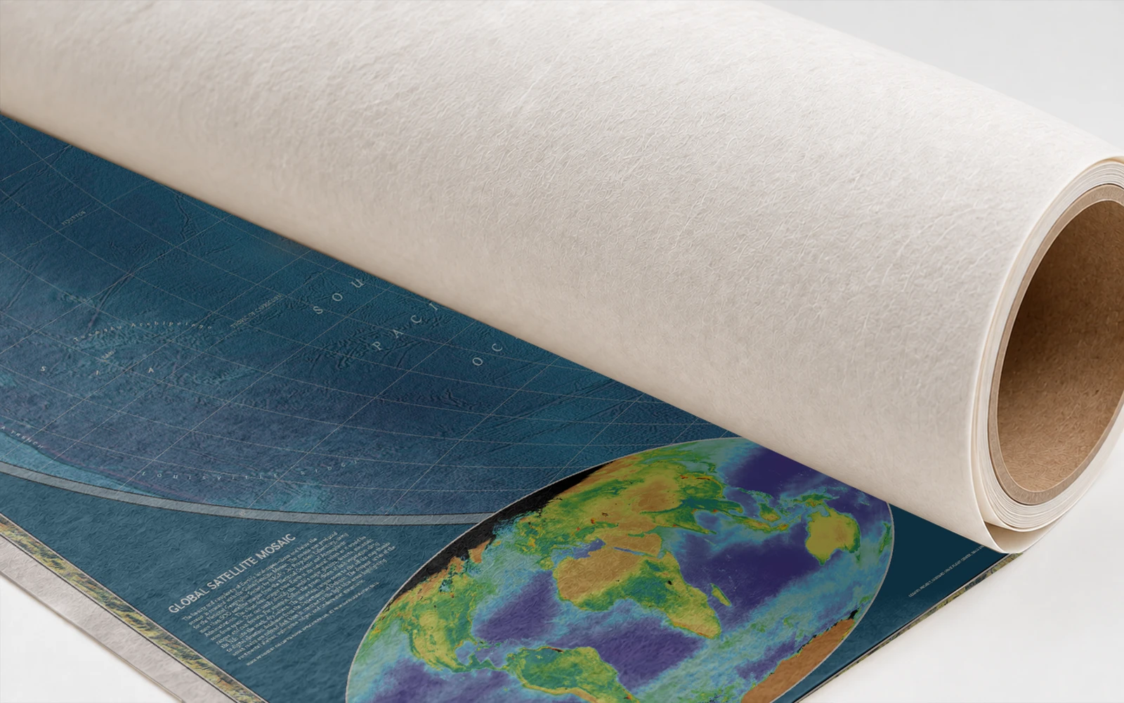 A paper map rolled on a tube, showing the uncoated back of the stock