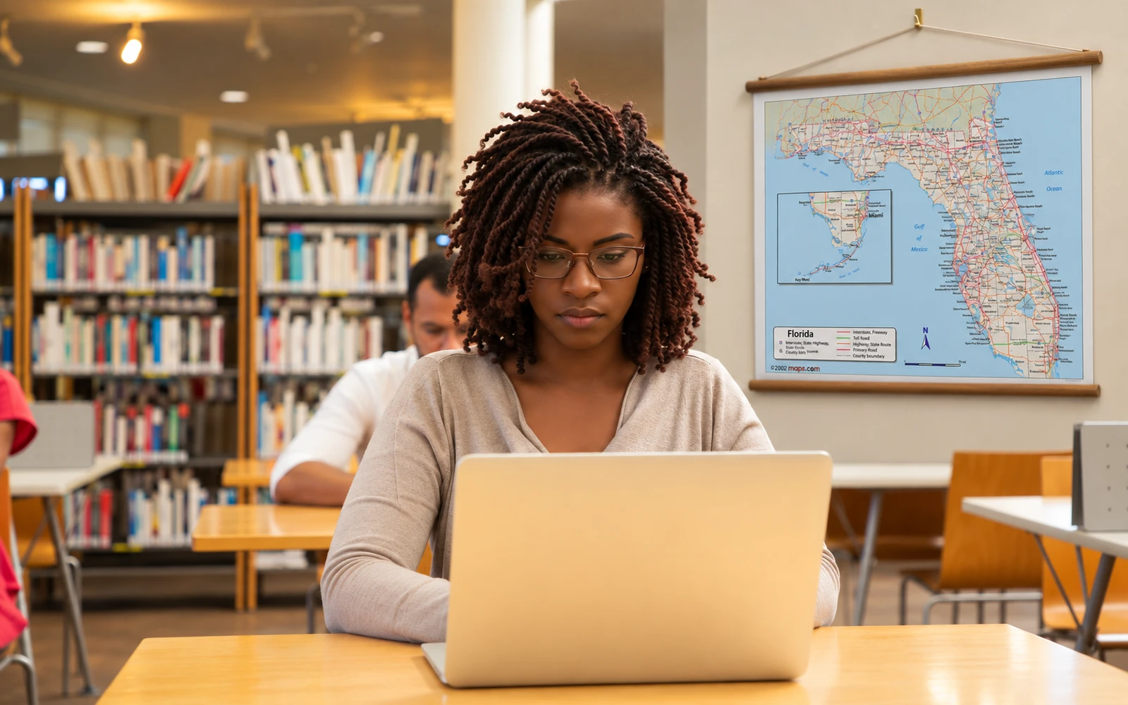 A woman working at a laptop in a library, a railed wall map behind her