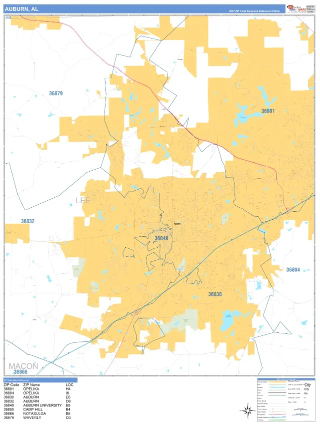 Auburn, AL ZIP Code Wall Map, Business Reference style