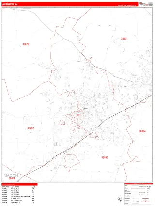 Auburn, AL RedLine style ZIP Code wall map