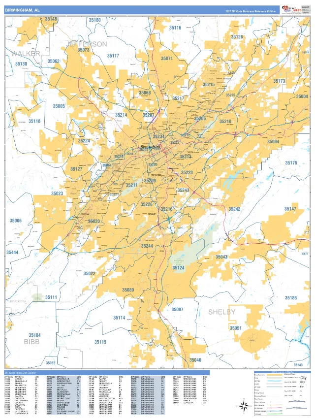 Birmingham, AL ZIP Code Wall Map, Business Reference style