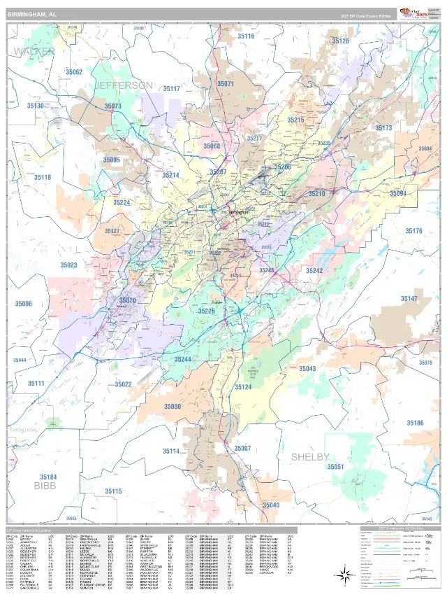 Birmingham, AL ZIP Code Wall Map, Classic style