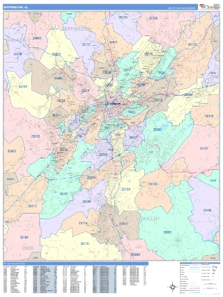 Birmingham, AL ColorCast style ZIP Code wall map