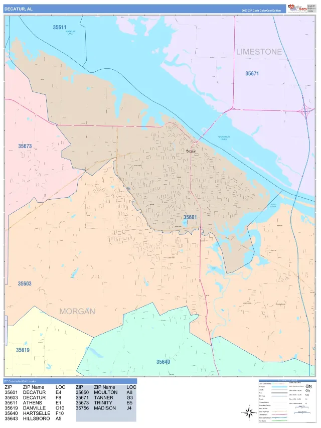 Decatur, AL ZIP Code Wall Map, ColorCast style