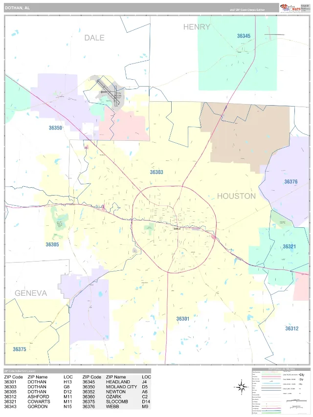 Dothan, AL ZIP Code Wall Map, Classic style