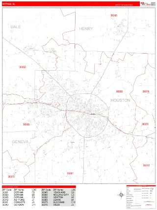 Dothan, AL RedLine style ZIP Code wall map