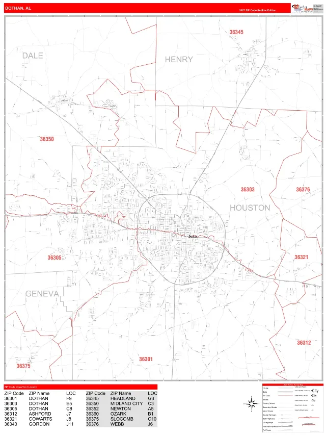 Dothan, AL ZIP Code Wall Map, RedLine style