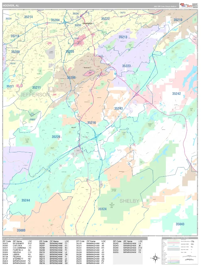 Hoover, AL ZIP Code Wall Map, Classic style