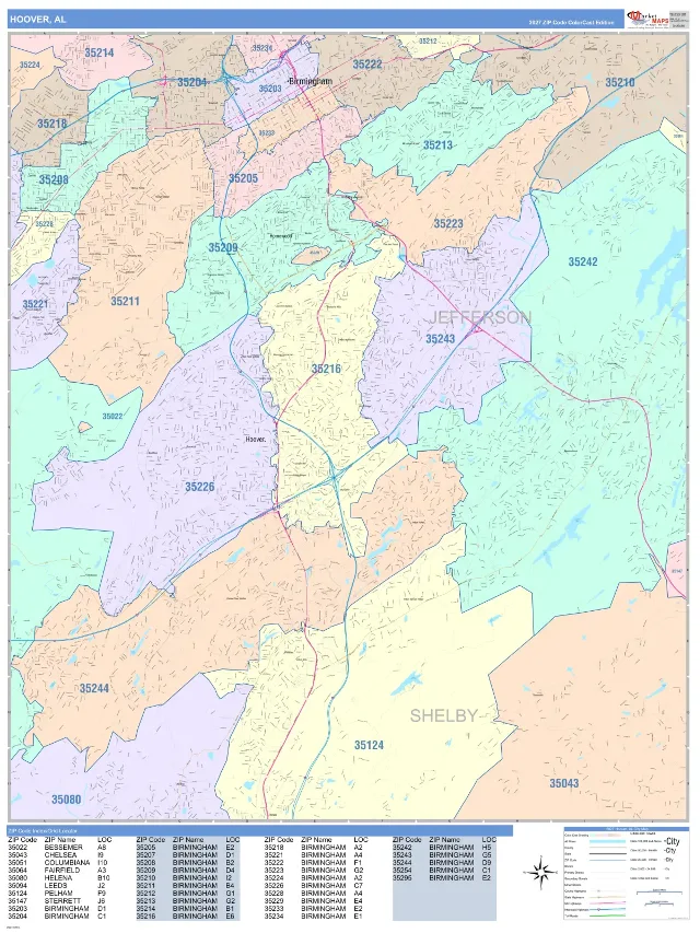 Hoover, AL ZIP Code Wall Map, ColorCast style