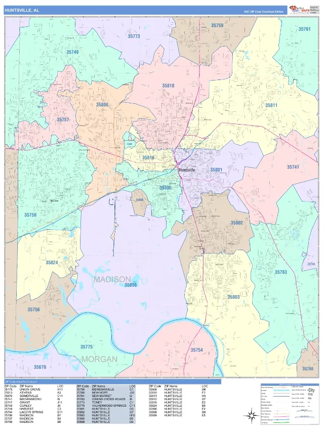 Huntsville, AL ZIP Code Wall Map, ColorCast style