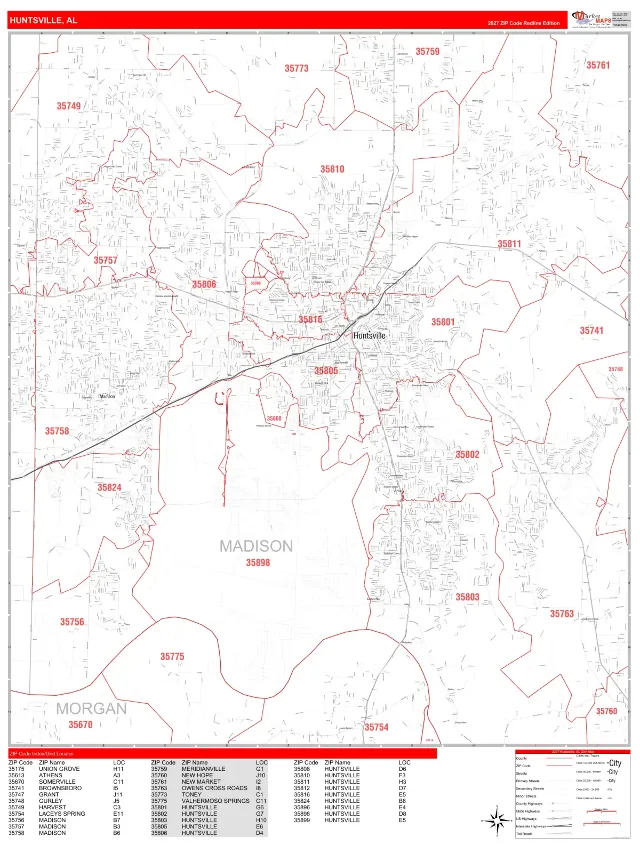 Huntsville, AL ZIP Code Wall Map, RedLine style