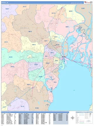 Mobile, AL ColorCast style ZIP Code wall map