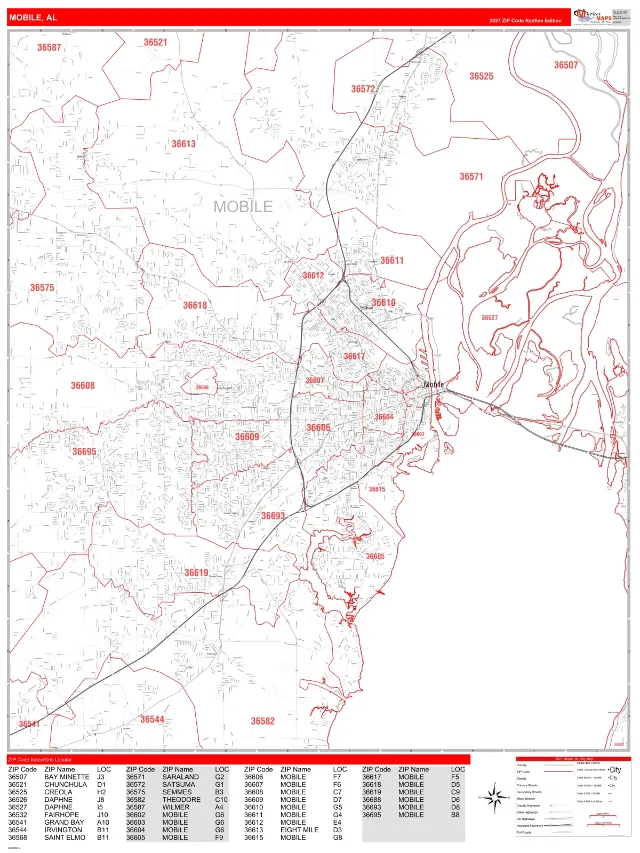 Mobile, AL ZIP Code Wall Map, RedLine style