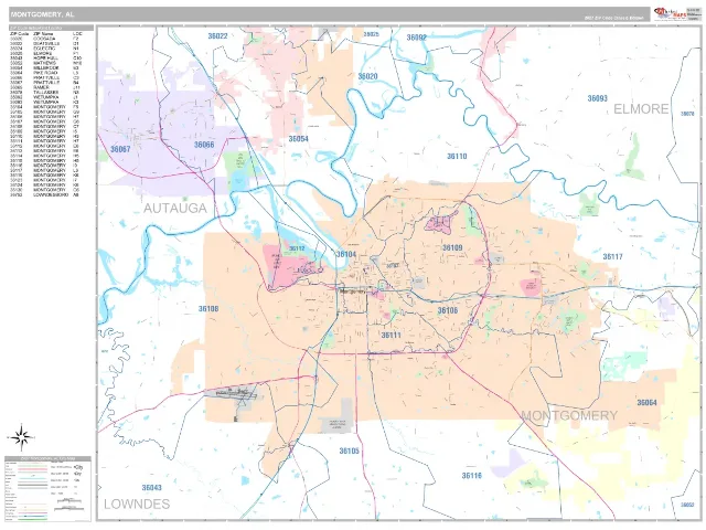 Montgomery, AL ZIP Code Wall Map, Classic style