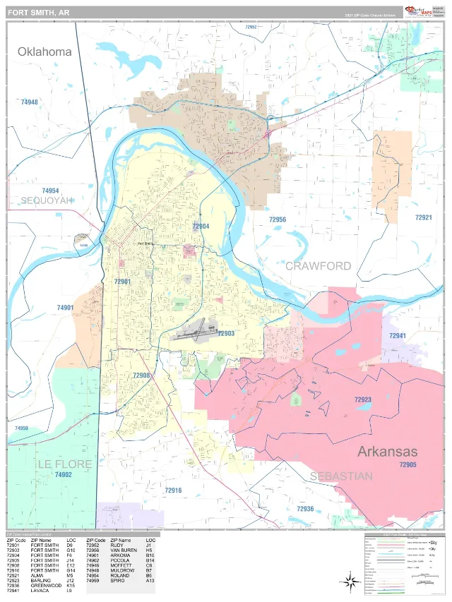 Fort Smith, AR ZIP Code Wall Map, Classic style