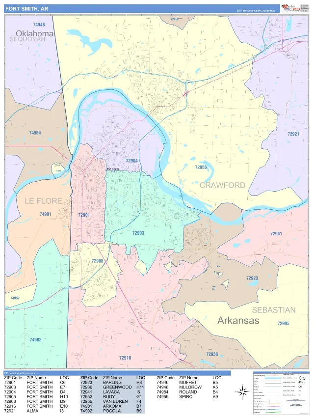 Fort Smith, AR ZIP Code Wall Map, ColorCast style