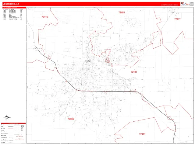 Jonesboro, AR ZIP Code Wall Map, RedLine style