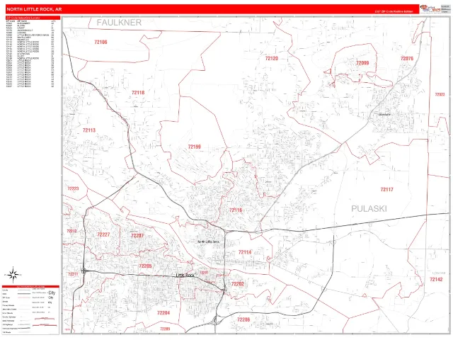 North Little Rock, AR ZIP Code Wall Map, RedLine style