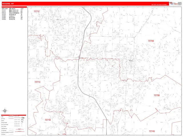 Rogers, AR ZIP Code Wall Map, RedLine style