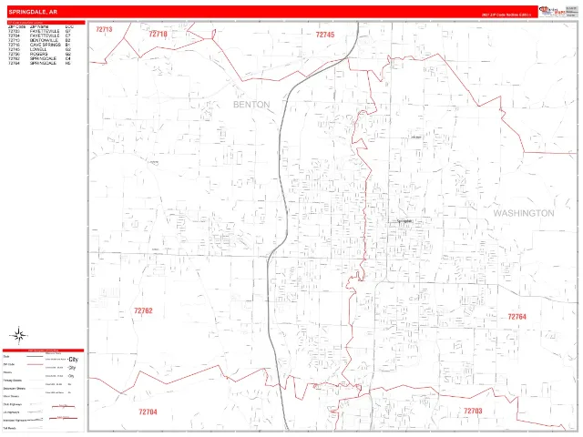 Springdale, AR ZIP Code Wall Map, RedLine style