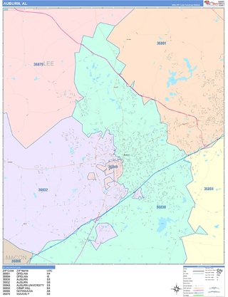 Auburn, AL ZIP Code wall map in the ColorCast Style