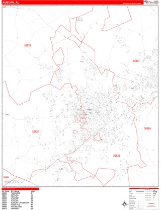 Auburn, AL ZIP Code wall map in the RedLine Style