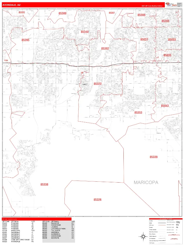 Avondale, AZ ZIP Code Wall Map, RedLine style
