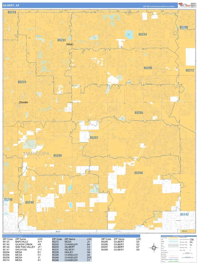 Gilbert, AZ ZIP Code Wall Map, Business Reference style