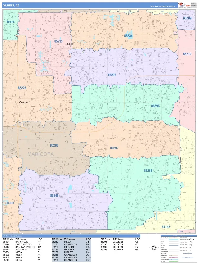 Gilbert, AZ ZIP Code Wall Map, ColorCast style