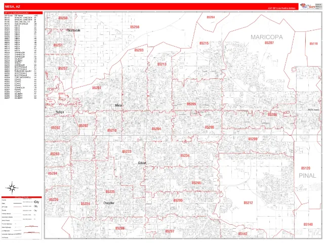 Mesa, AZ ZIP Code Wall Map, RedLine style