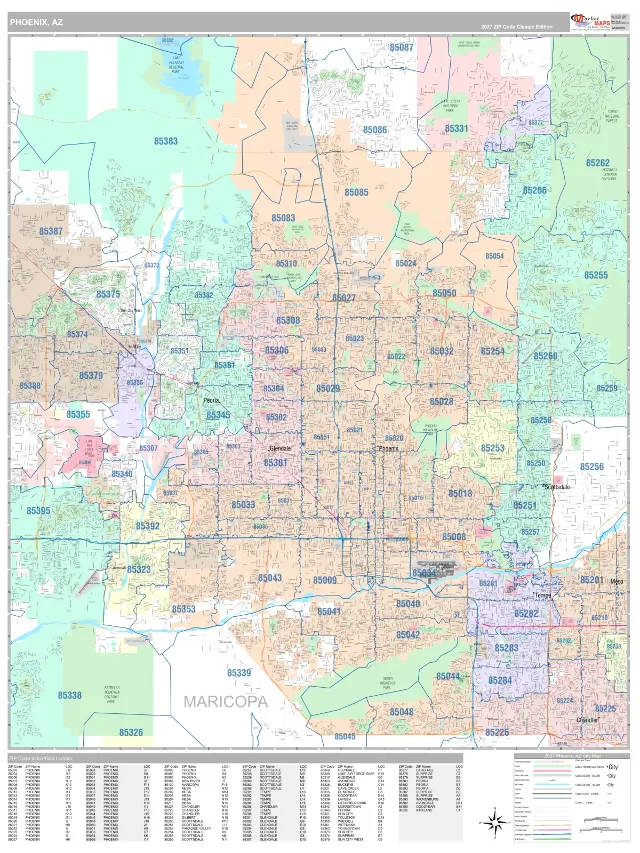 Phoenix, AZ ZIP Code Wall Map, Classic style