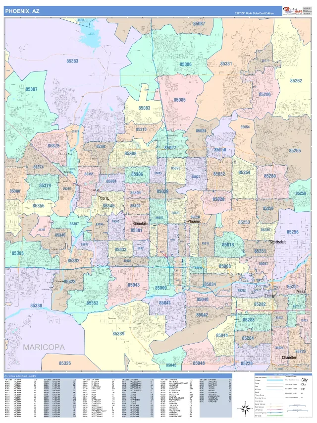 Phoenix, AZ ZIP Code Wall Map, ColorCast style
