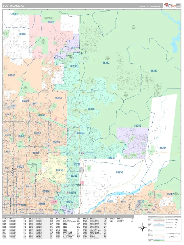 Scottsdale, AZ ZIP Code Wall Map, Classic style