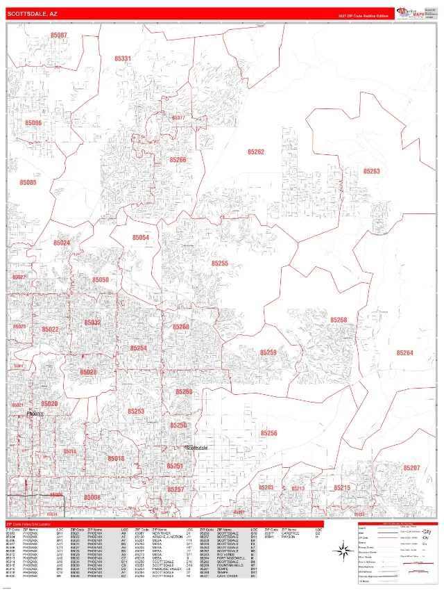 Scottsdale, AZ ZIP Code Wall Map, RedLine style