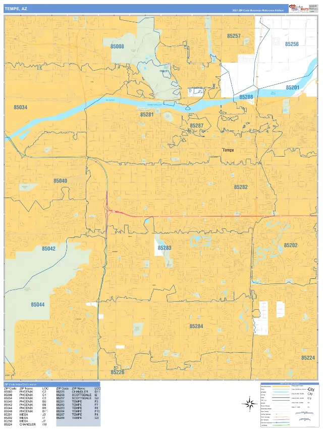 Tempe, AZ ZIP Code Wall Map, Business Reference style