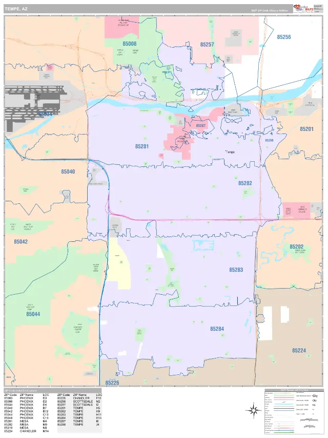 Tempe, AZ ZIP Code Wall Map, Classic style
