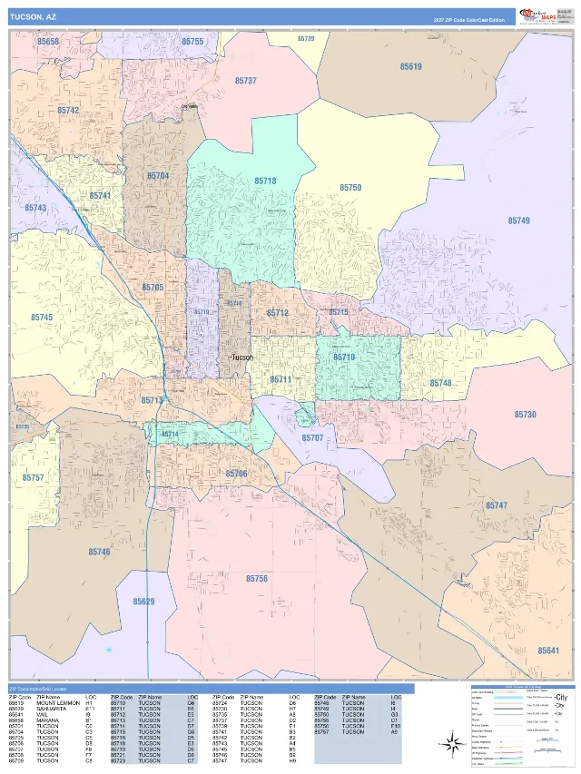 Tucson, AZ ZIP Code Wall Map, ColorCast style