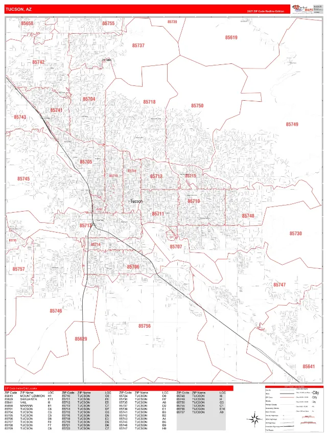 Tucson, AZ ZIP Code Wall Map, RedLine style