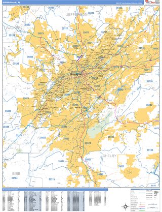 Birmingham, AL ZIP Code wall map in the Business Reference Style