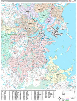 Boston, MA ZIP Code wall map in the Classic Style