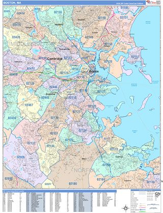 Boston, MA ZIP Code wall map in the ColorCast Style