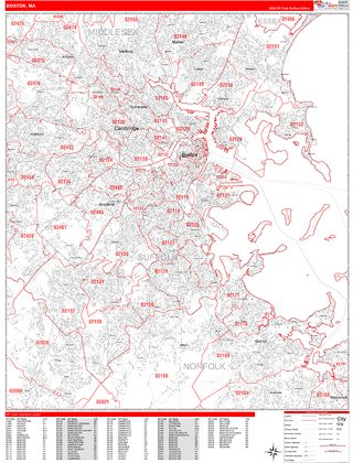 Boston, MA ZIP Code wall map in the RedLine Style