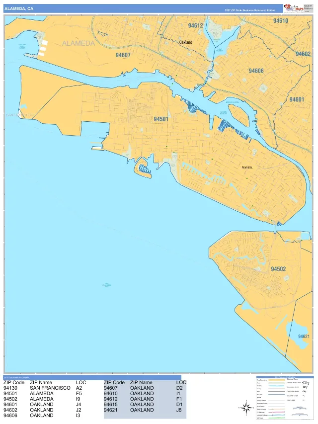 Alameda, CA ZIP Code Wall Map, Business Reference style