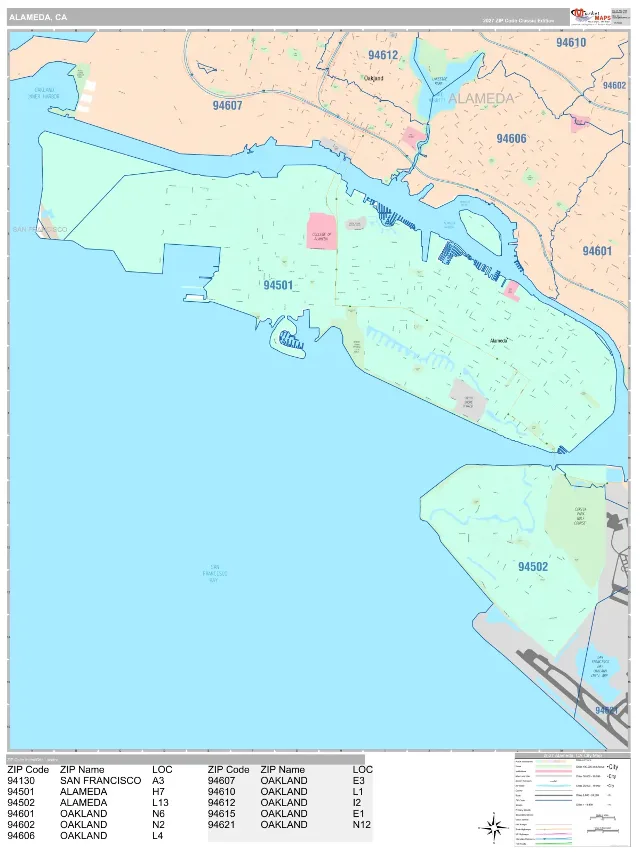 Alameda, CA ZIP Code Wall Map, Classic style