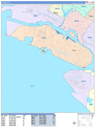 Alameda, CA ColorCast style ZIP Code wall map